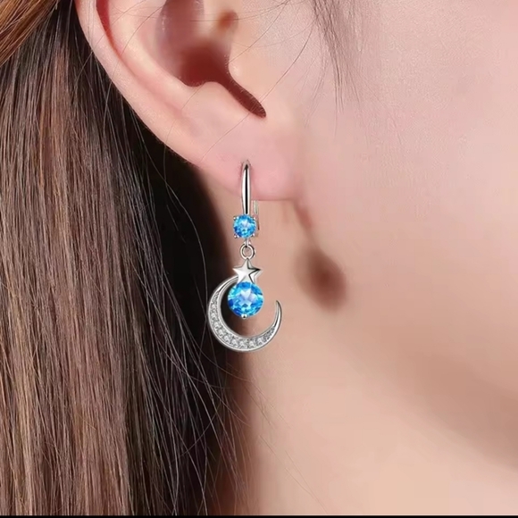 Star and Crescent Moon Earrings with Blue Gemstones - Picture 4 of 6